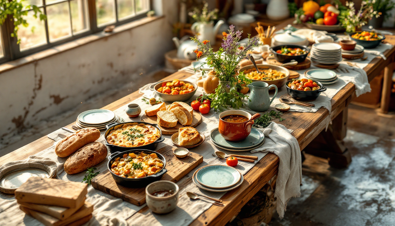 A long communal table prepared for a shared meal